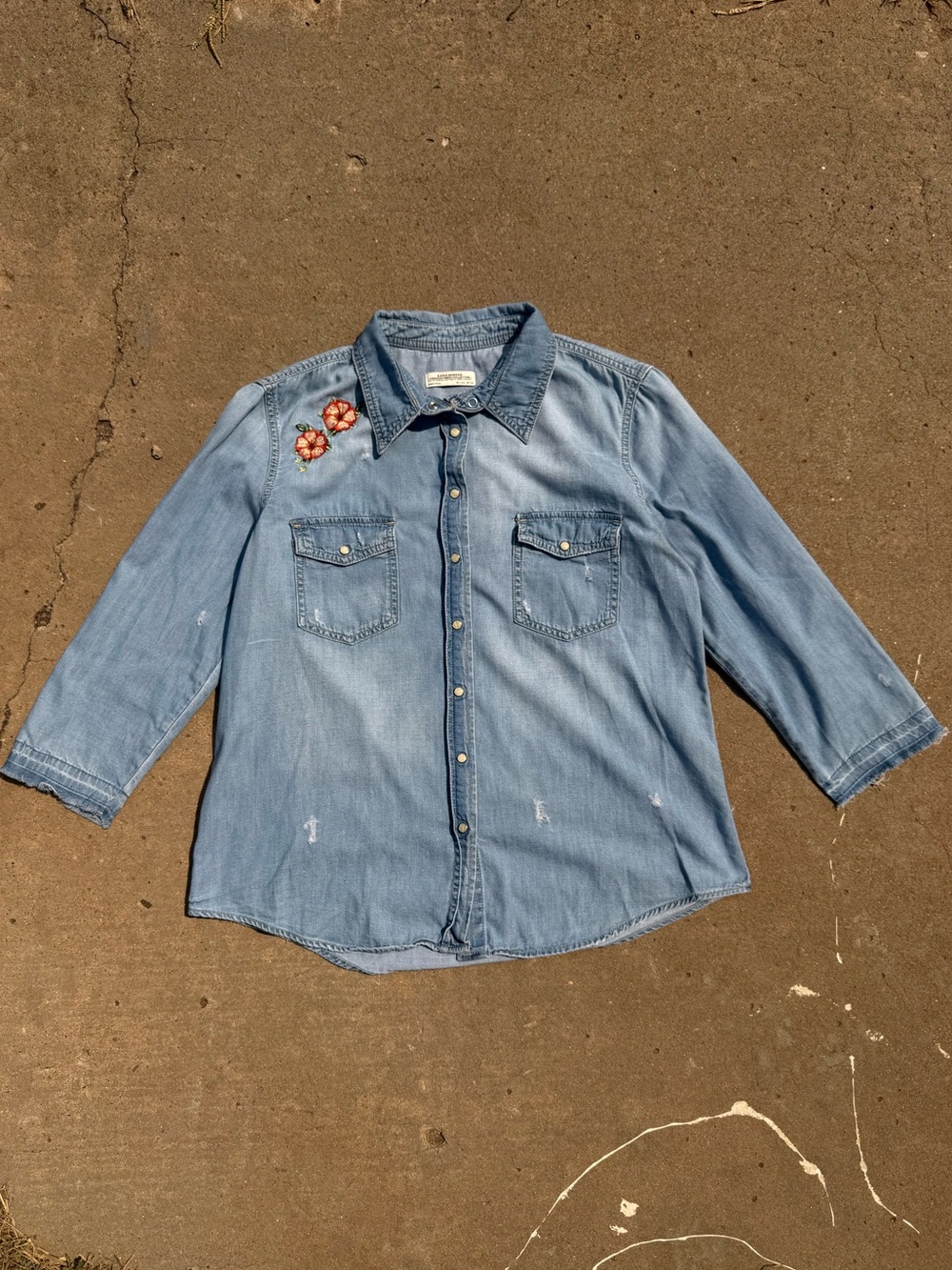 Zara Light Blue Denim Button-Down Shirt with Floral Shoulder Appliqué